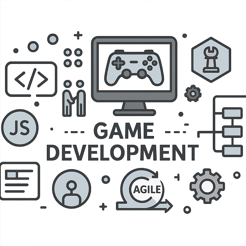 Illustration of comprehensive game development expertise showing technical skills, creative process, and collaborative teamwork elements