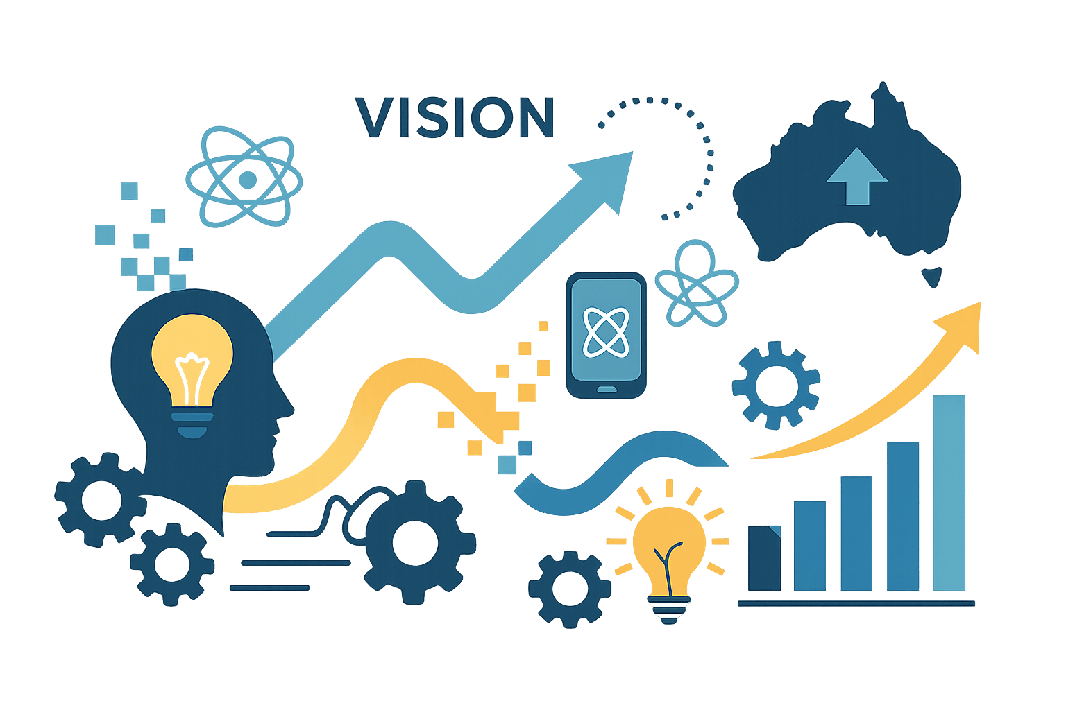 Illustration of game development company vision showing innovative technology, creative process, and Australian market focus