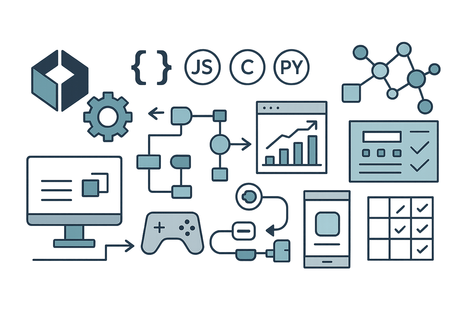 Illustration of technical capabilities showing Unity and Unreal Engine logos, programming languages, and multi-platform development workflow